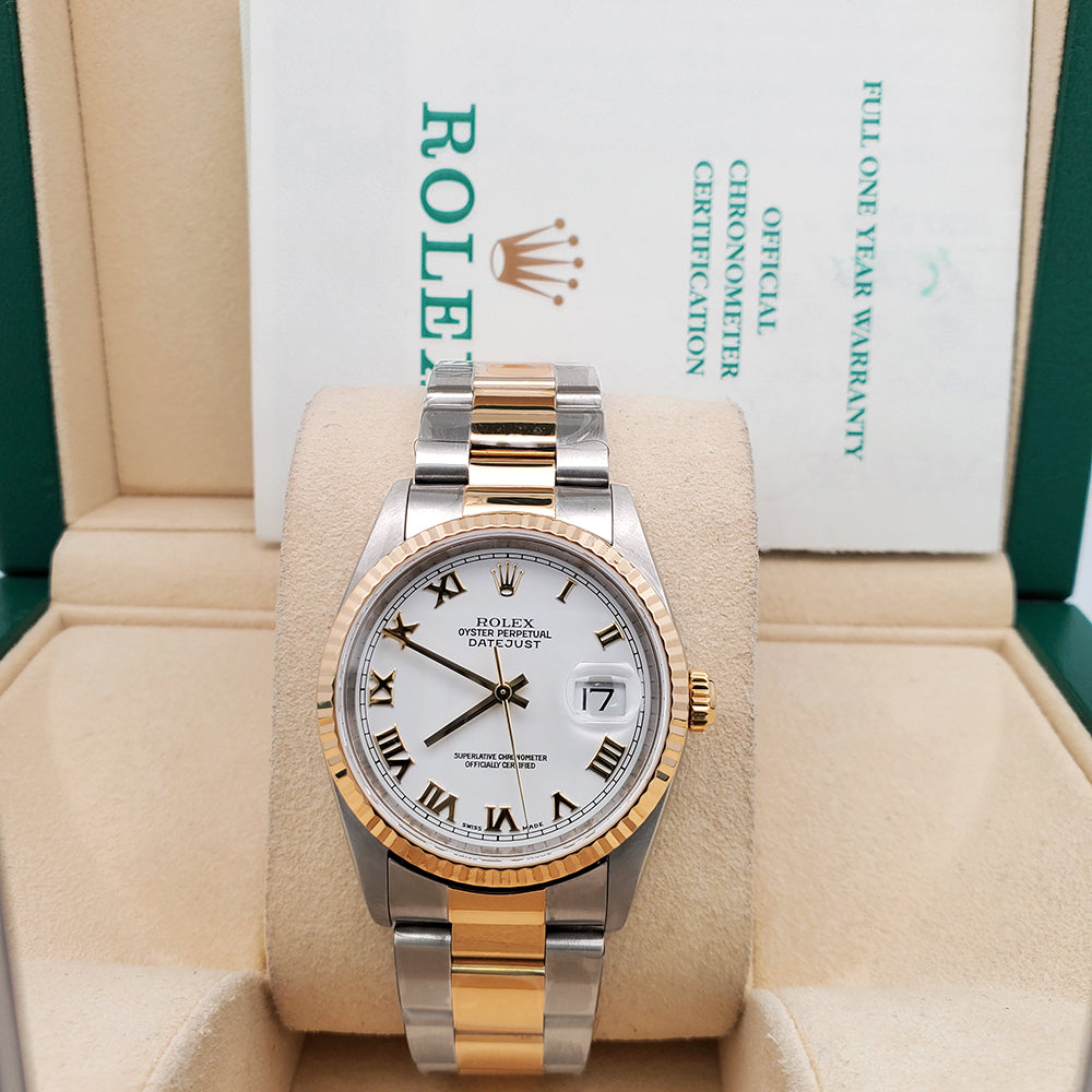 Rolex Datejust 16233 36mm White Roman Dial Yellow Gold And Steel Oyster Watch Box Papers