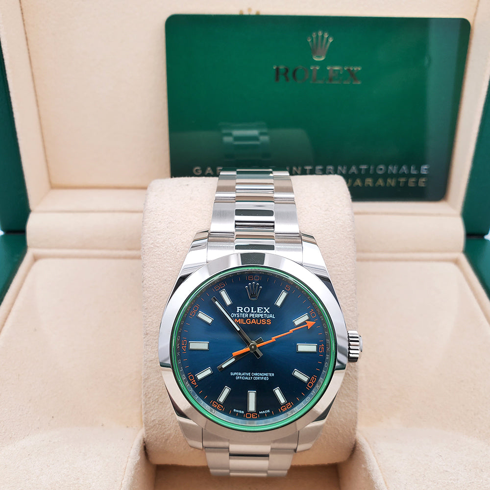 2023 Rolex Milgauss 40mm 116400GV Green Crystal Blue Index Dial Steel Watch Box Papers