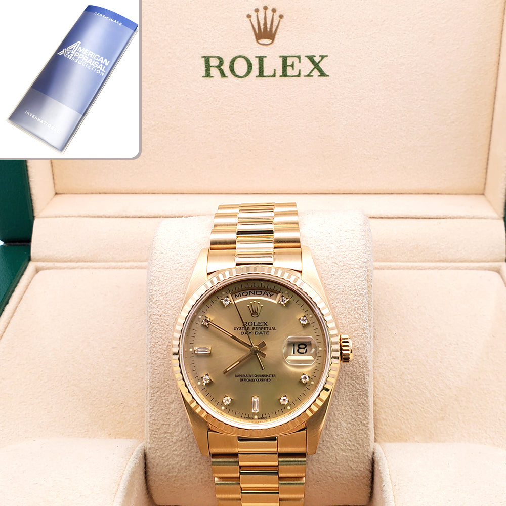 1991 Rolex President Day-Date 36mm Factory Diamond Dial Double-Quick Yellow Gold Watch 18238