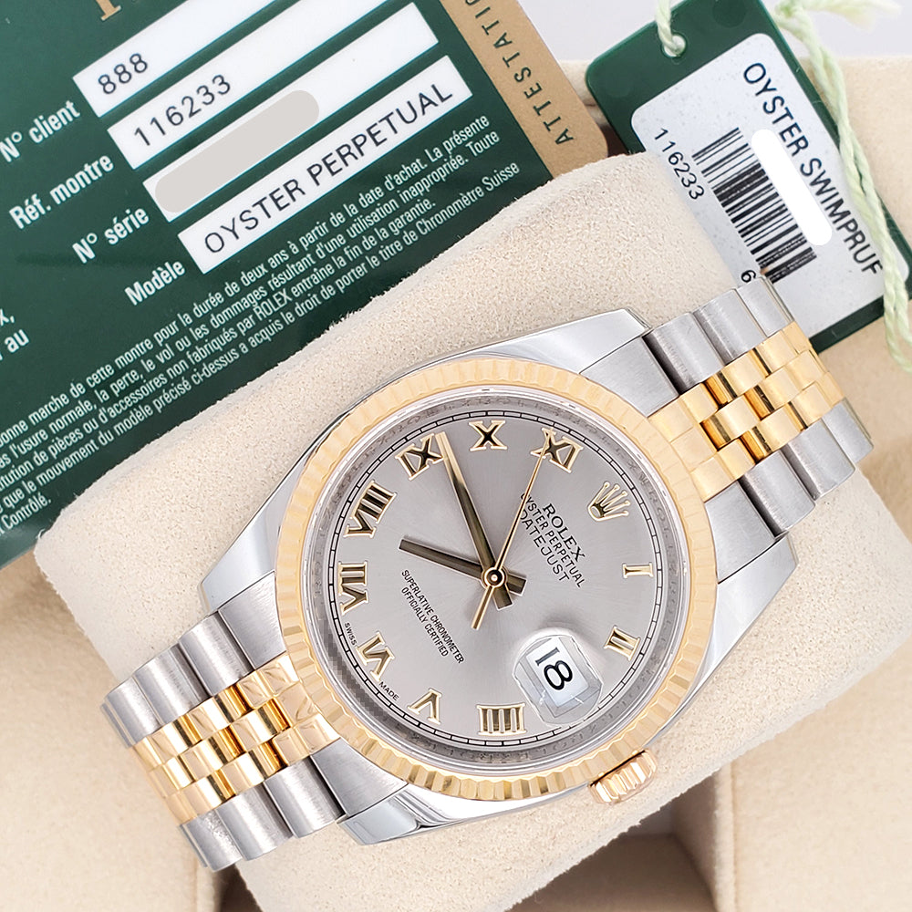 Rolex Datejust 36mm Slate Roman 2-Tone Yellow Gold/Steel Jubilee Watch 116233 Box/Papers/Tag