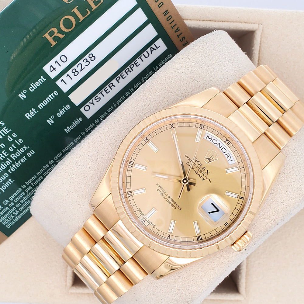 Rolex Yellow Gold President Day-Date 36 Champagne Index Dial Watch 118238 Box Papers