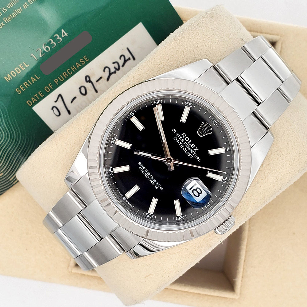2021 Rolex Datejust 41 Black Index Dial White Gold Fluted Bezel Steel Oyster Watch 126334 Box Papers