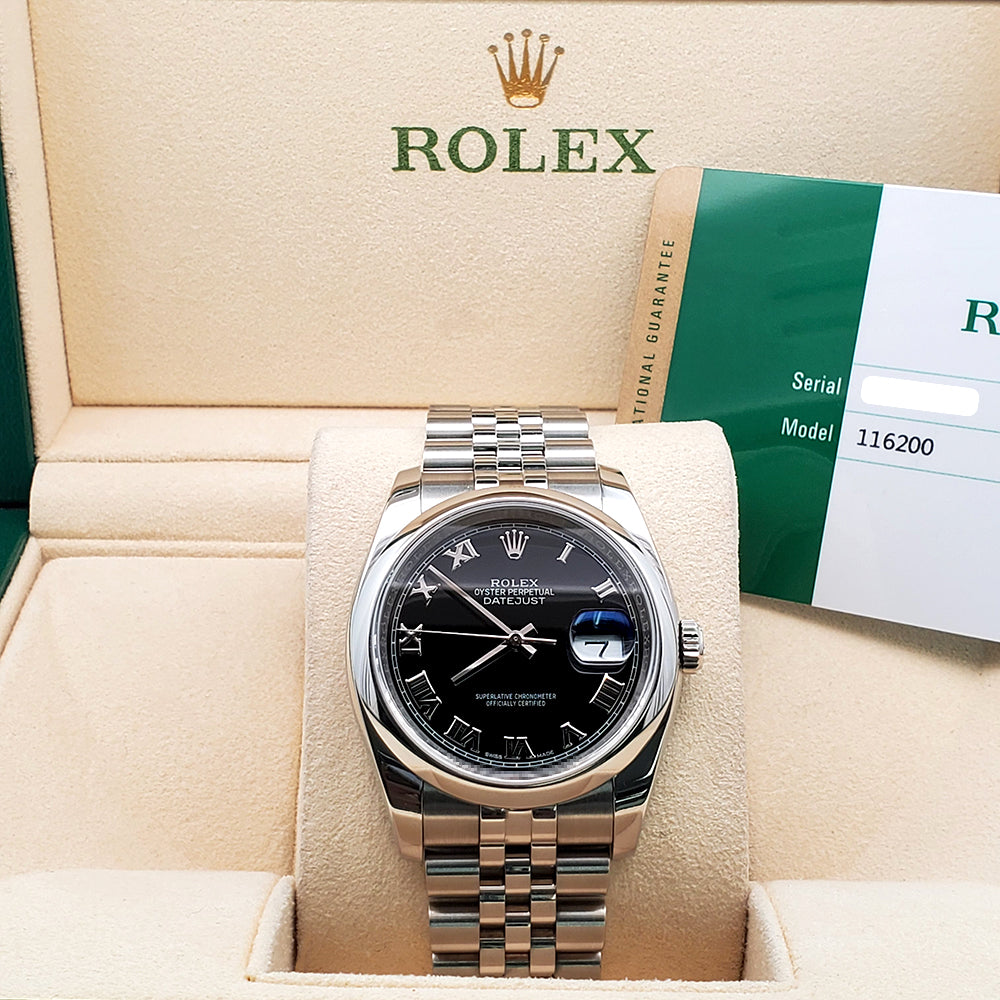 Rolex Datejust 36mm Black Roman Dial Steel Jubilee Watch 116200 Box Papers