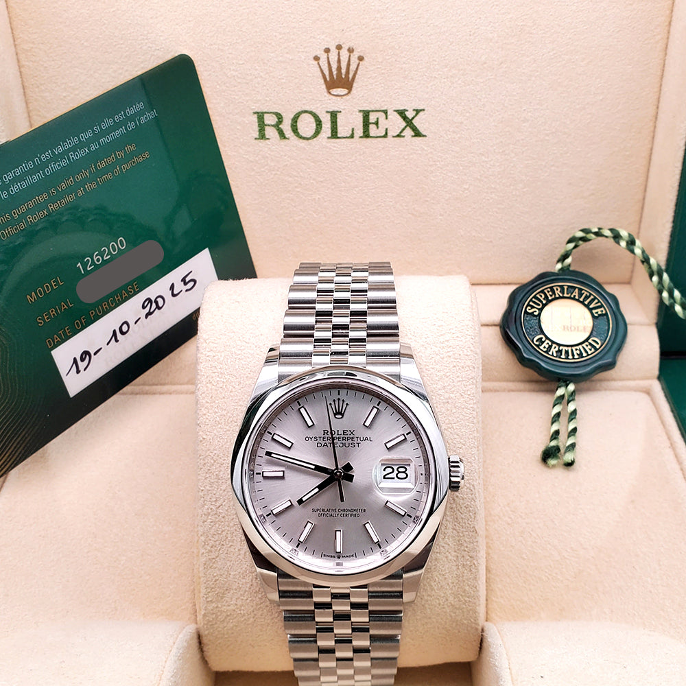 Unworn 2025 Rolex Datejust 36mm 126200 Silver Index Steel Jubilee Watch Box/Papers/Tag