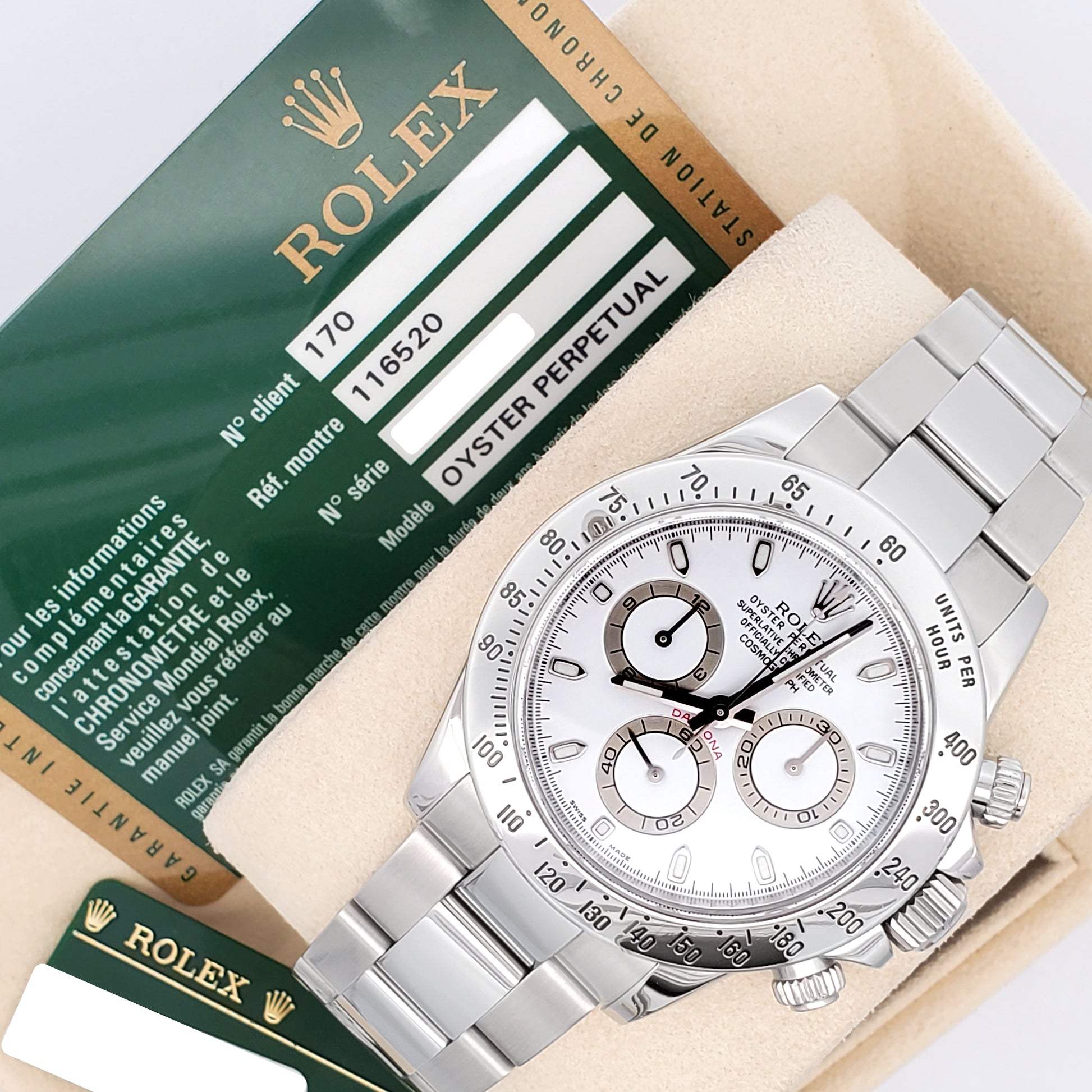 Rolex Cosmograph Daytona White Dial Engraved Rehaut 116520 Steel 40mm Watch Box Papers