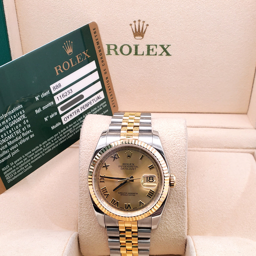 Rolex Datejust 36mm 116233 2-Tone Champagne Roman Dial Jubilee Watch Box Papers