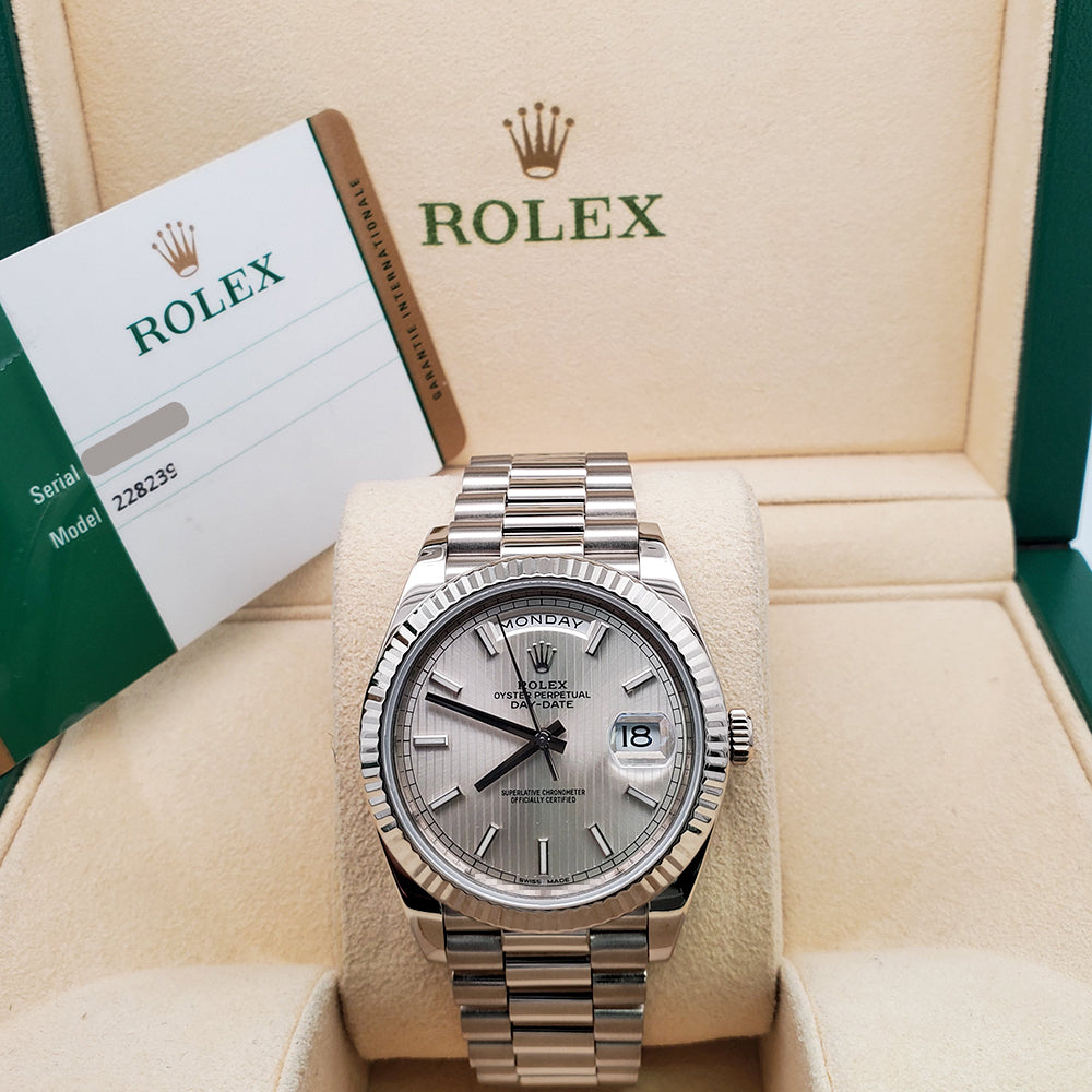 2017 Rolex President Day-Date Silver Stripe Motif Dial White Gold 40mm Watch 228239 Box Papers