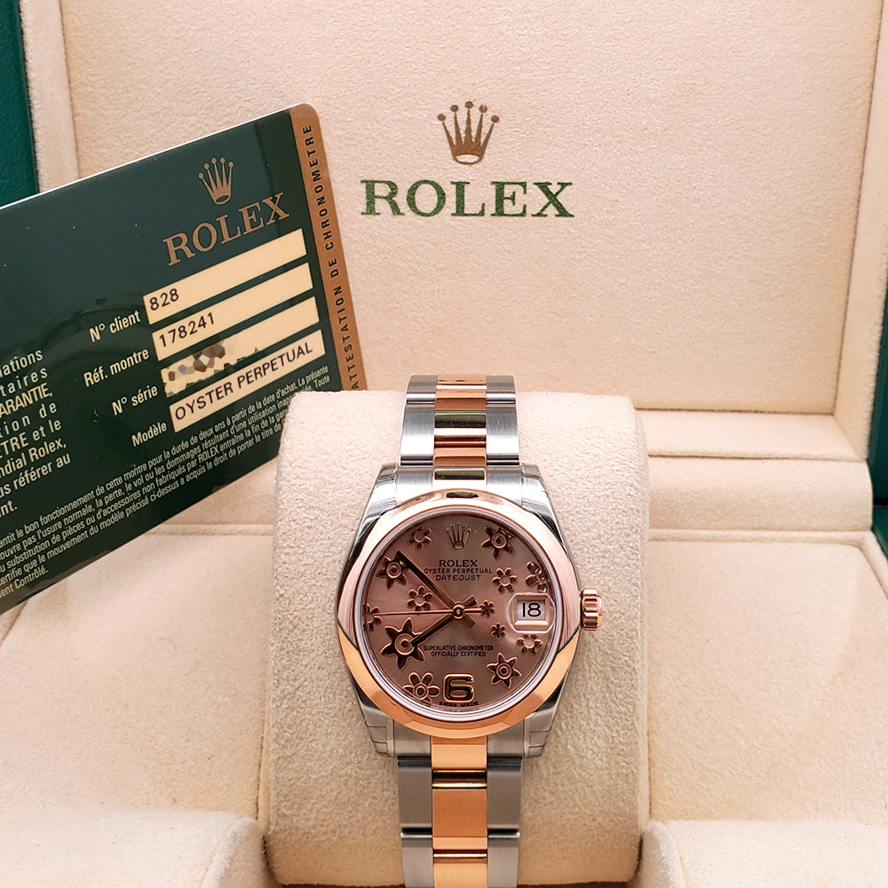 Stickered Rolex Datejust 31mm Pink Floral 2-tone Rose Gold/Steel Oyster Watch 178241 Box Papers