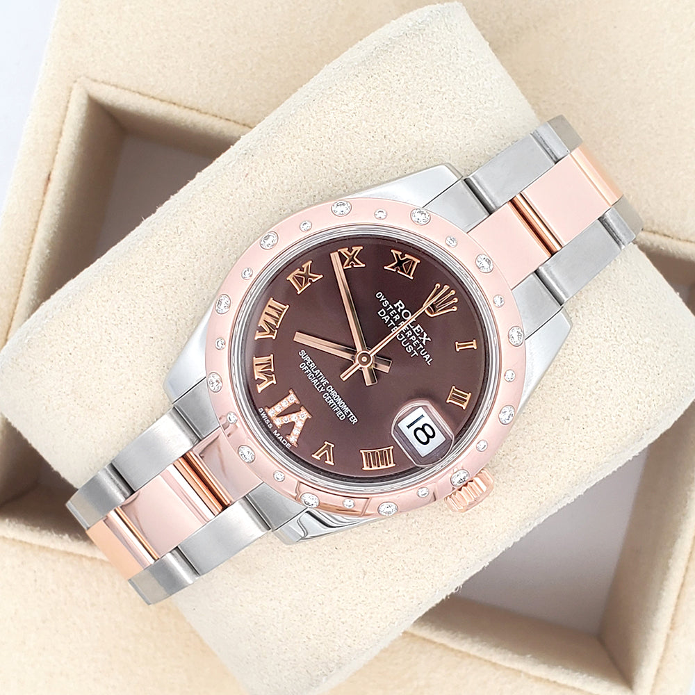 Rolex Datejust 31mm 2-tone Rose Gold/Steel Factory Scattered Diamond Bezel Chocolate VI Roman Watch 178341