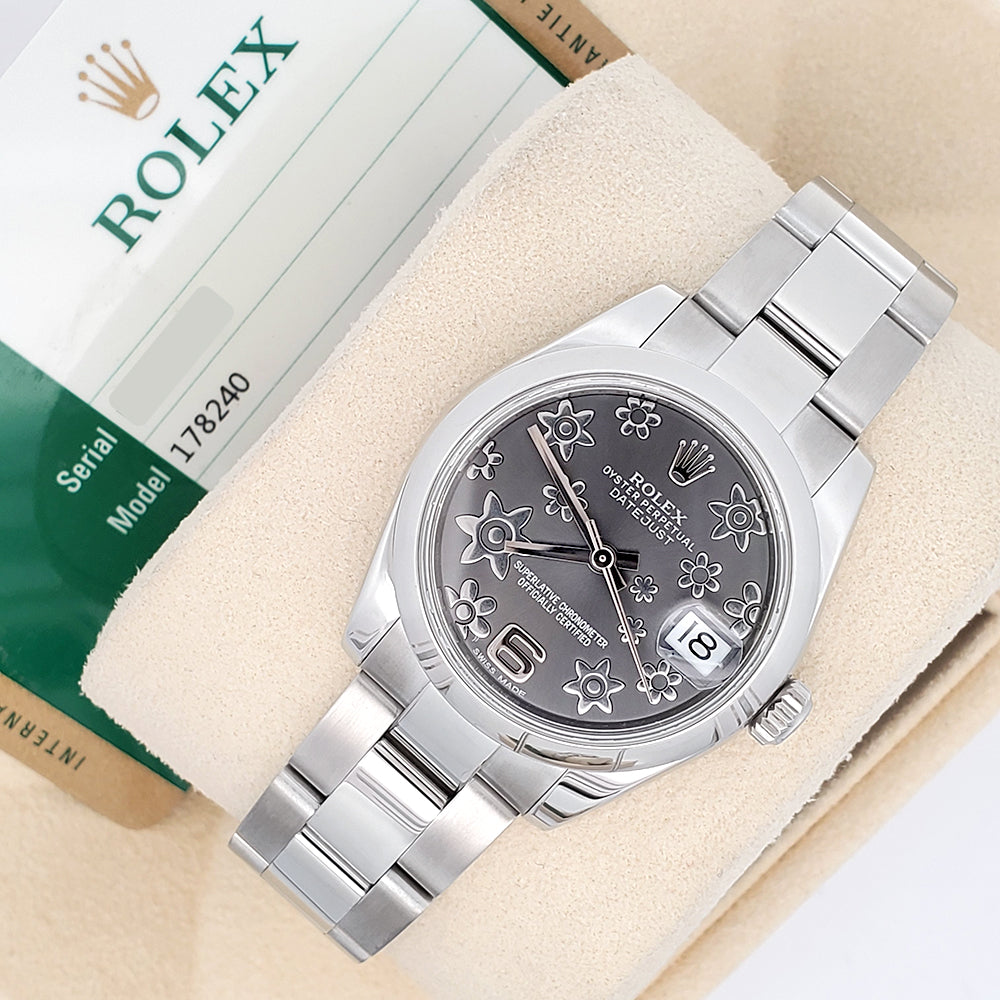 Rolex Datejust Midsize 31mm Rhodium Floral Dial Steel Oyster Watch 178240 Box Papers