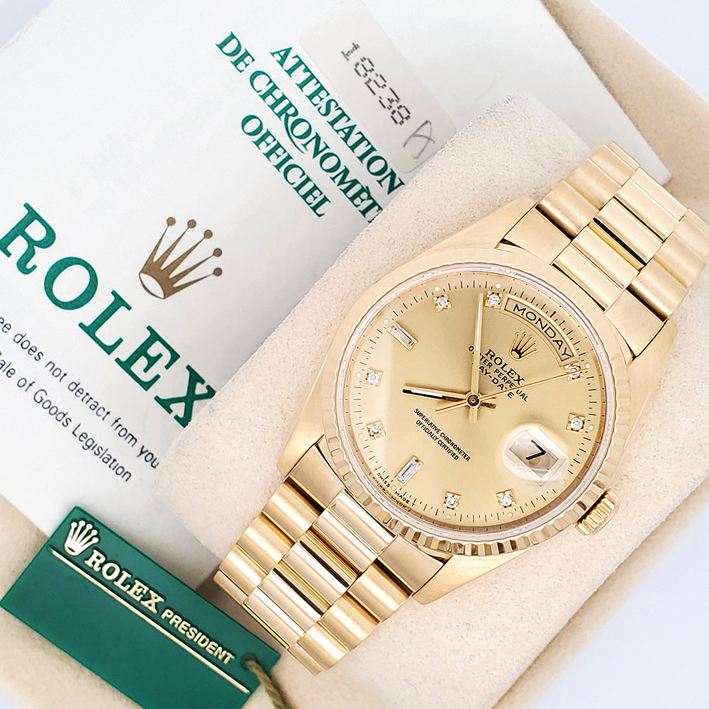Rolex President Day-Date Factory Diamond Dial Double-Quick Yellow Gold 36mm Watch 18238 Box Papers