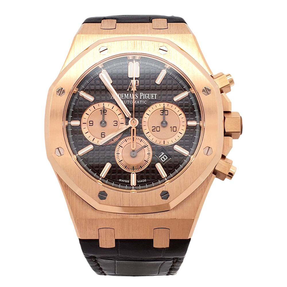 Audemars Piguet Royal Rose Gold Royal Oak Chronograph Brown Alligator Strap 41mm Watch 26331OR.OO.D821CR.01 Box Card