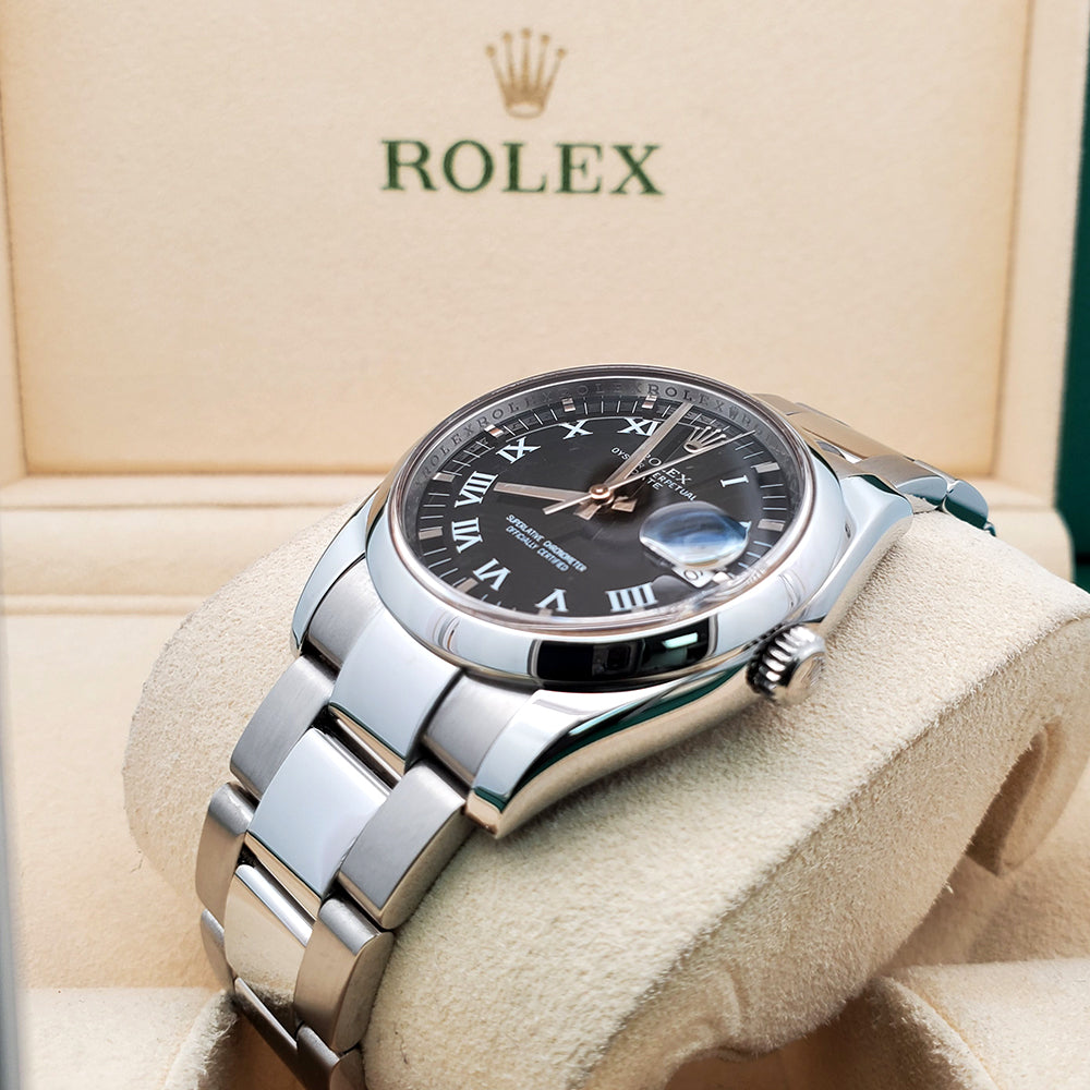 Rolex Oyster Perpetual Date 34mm 115200 Black Roman Dial Stainless Steel Oyster Watch
