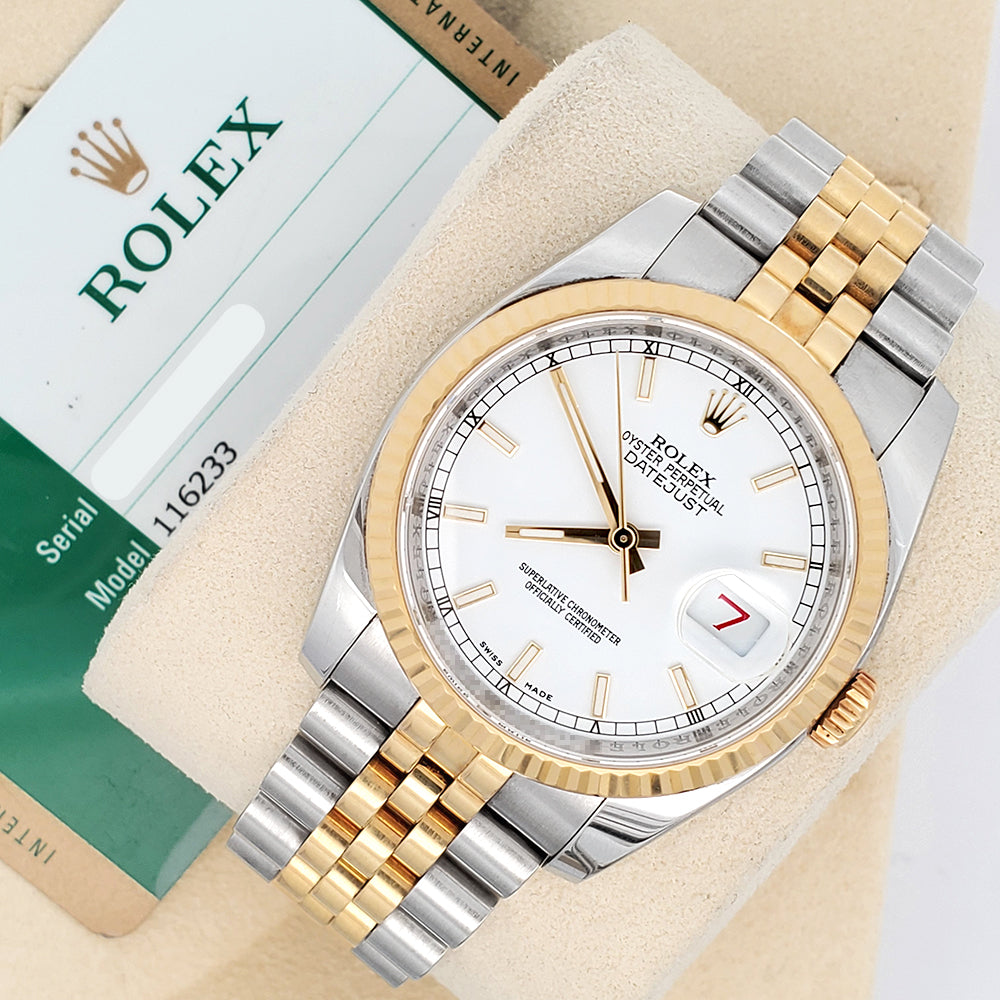 Rolex Datejust 36mm 116233 White Index 2-tone Yellow Gold/Steel Jubilee Watch Box Papers