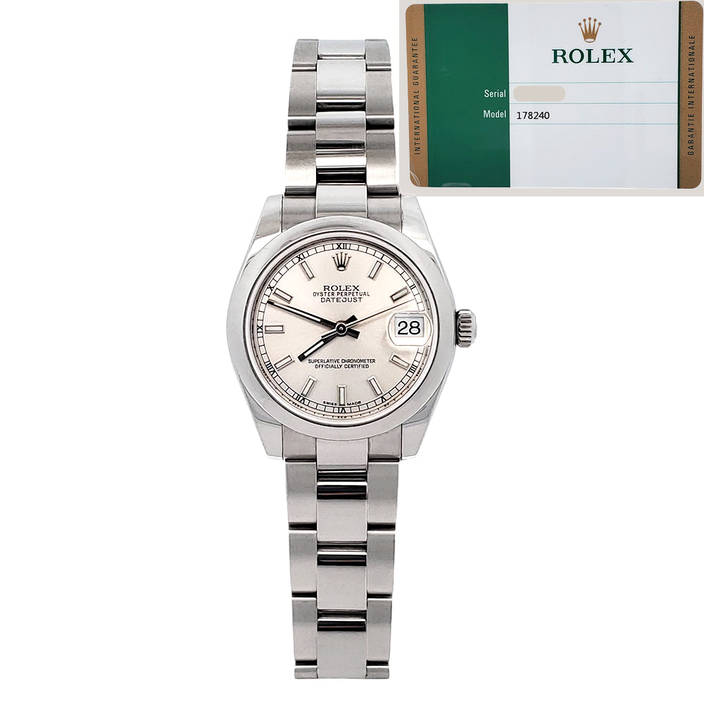 Rolex Datejust 31mm Silver Index Domed Bezel Steel Watch 178240 Papers