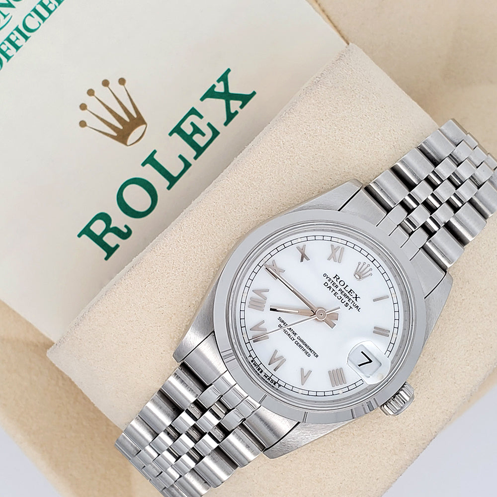 Rolex Datejust 31mm 68240 White Roman Dial Smooth Bezel Steel Jubilee Watch Box Papers