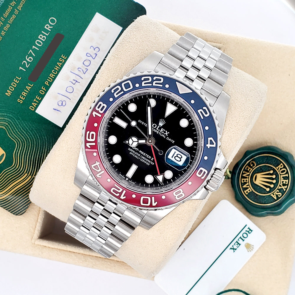 Unworn 2023 Rolex GMT-Master II 40mm Pepsi Red/Blue Steel Jubilee Watch 126710BLRO Box/Papers/Tag