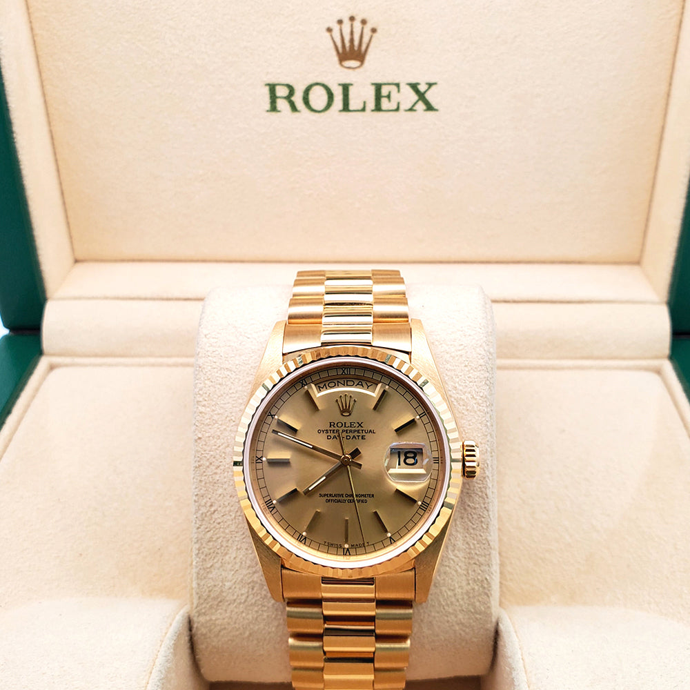 1995 Rolex President Day-Date 36mm 18238 Champagne Index Double-Quick Yellow Gold Watch