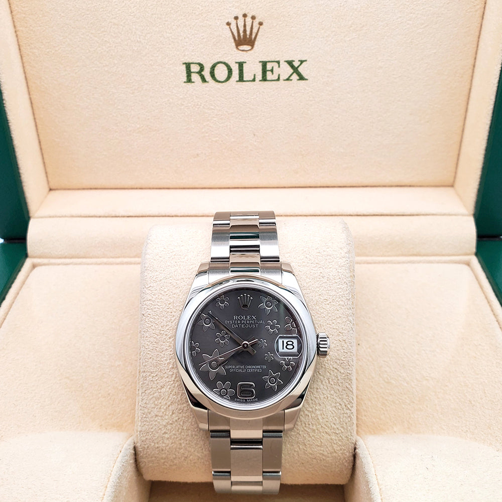 Rolex Datejust Rhodium Floral Dial Steel Oyster Midsize 31mm Watch 178240