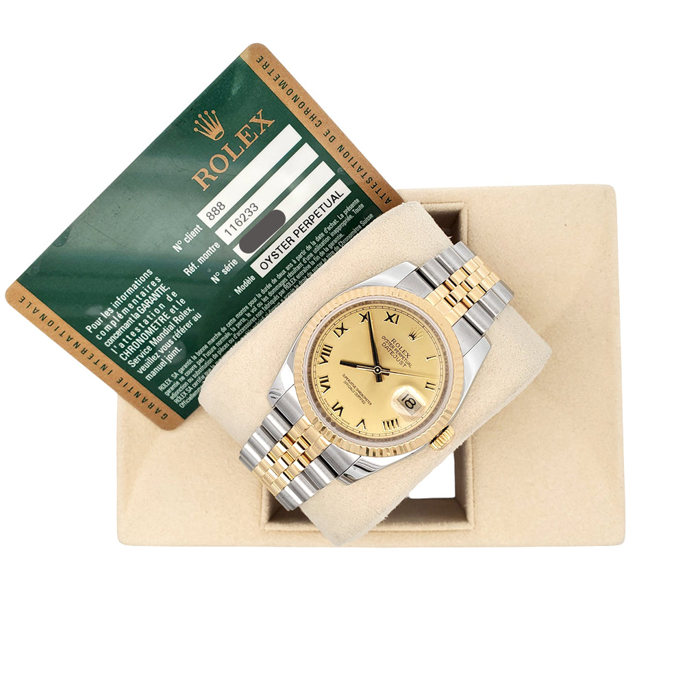 Rolex Datejust 36mm 116233 2-Tone Champagne Roman Dial Jubilee Watch Box Papers