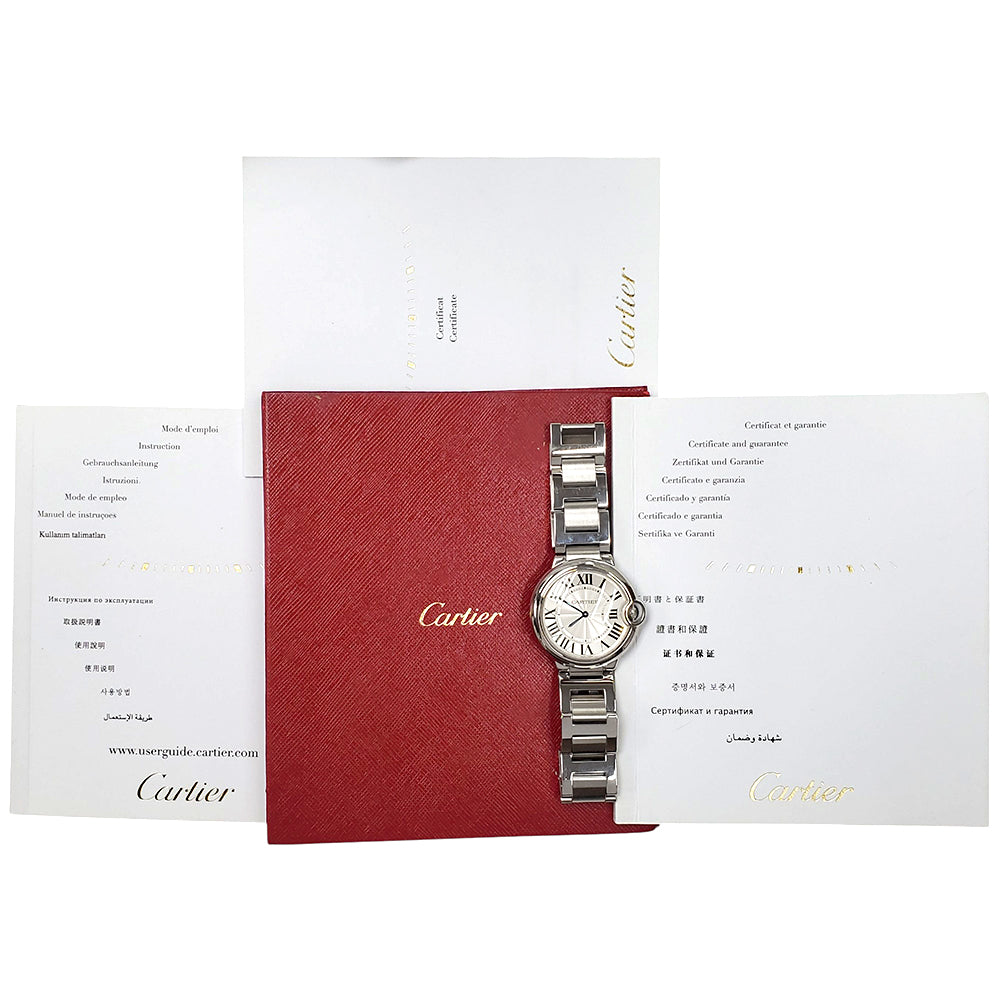Cartier Ballon Bleu 36mm Silver Roman Dial Quartz Steel Watch W69011Z4 3005 Papers