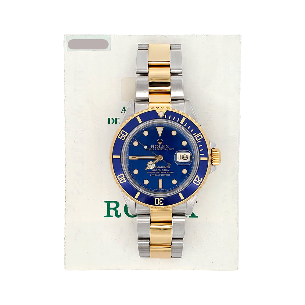 1990 Rolex Submariner Date 40mm Blue Dial/Bezel 2-Tone Yellow Gold/Steel Watch 16613 Papers