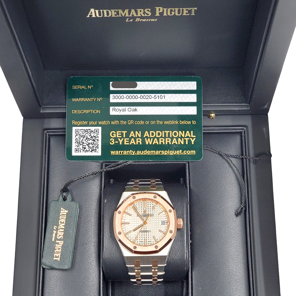 Audemars Piguet Royal Oak 37mm Silver Dial Two-Tone Rose Gold/Steel Watch 15450SR.OO.1256SR.01 Box Papers