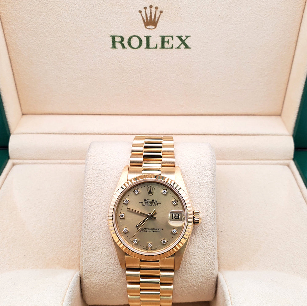 Rolex President Datejust 31mm Factory Champagne Diamond Yellow Gold Watch 68278
