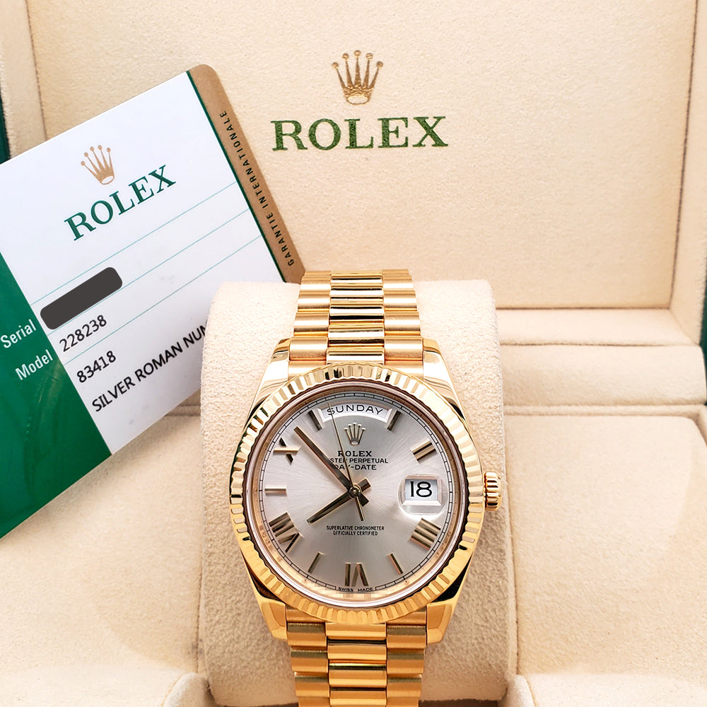 Rolex President Day-Date 40 Yellow Gold Silver Roman Dial Watch 228238 Box Papers