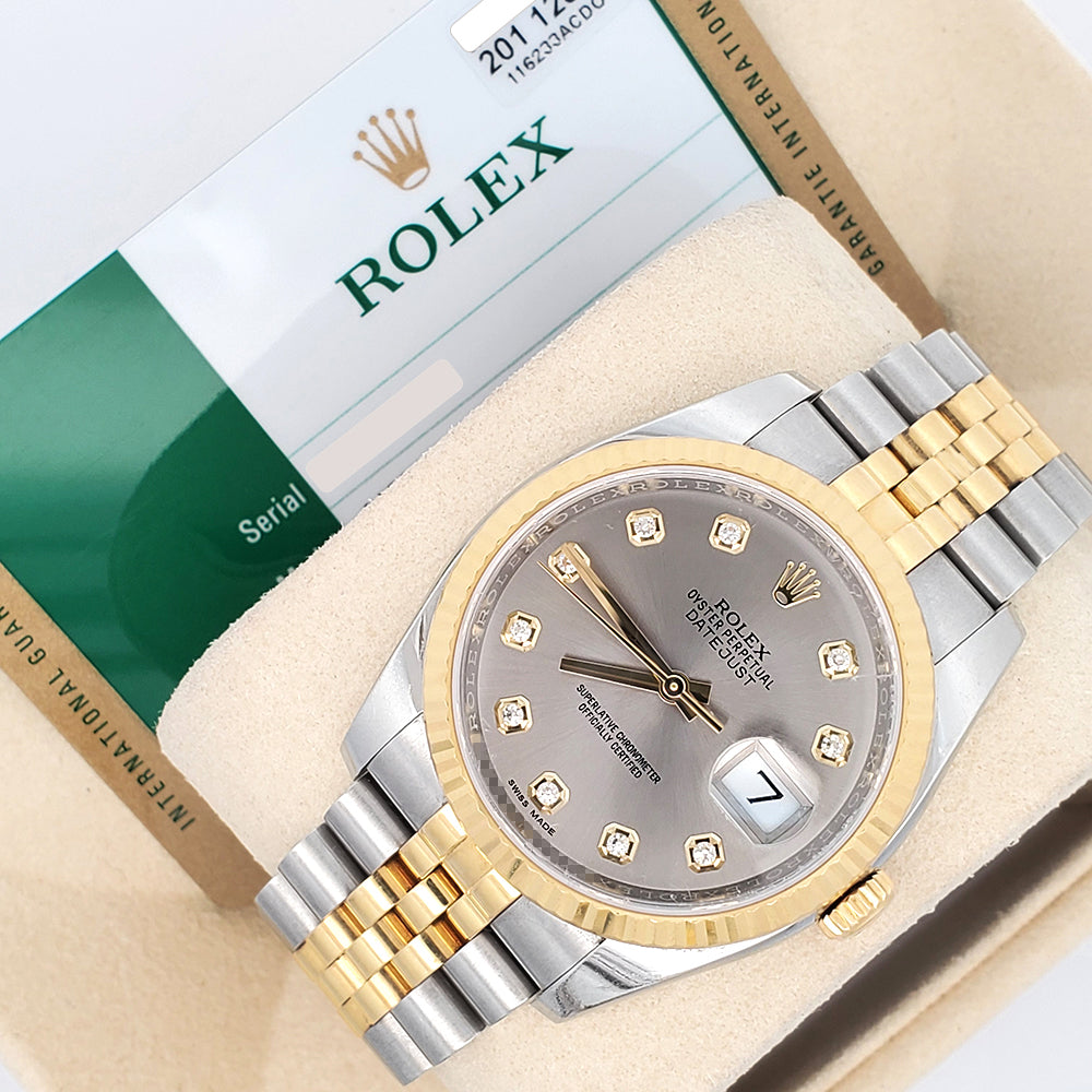 2018 Rolex Datejust 116233 Factory Slate Diamond Dial 2-tone Yellow Gold/Steel Jubilee 36mm Watch Box Papers