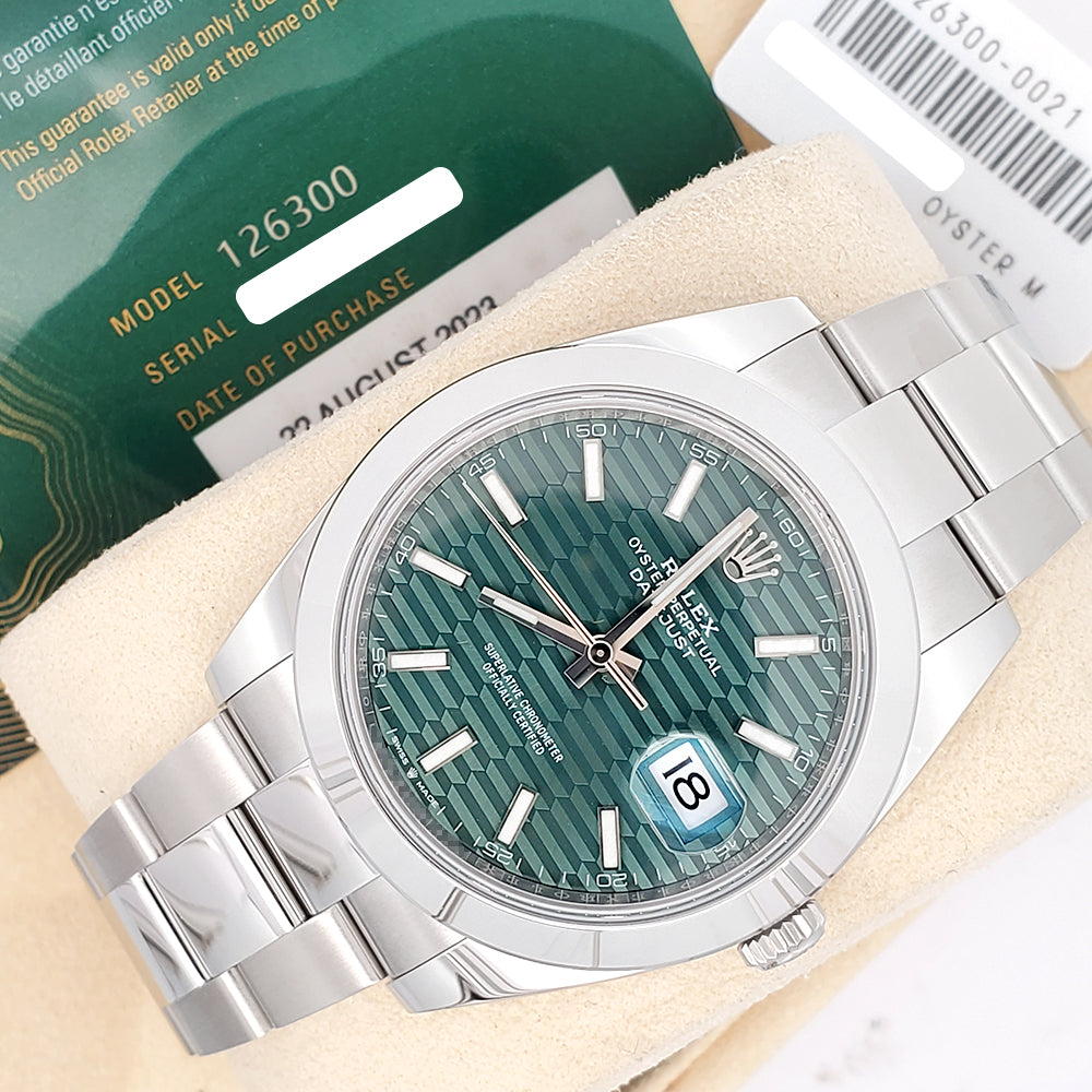 2023 Unworn Green Motif Rolex Datejust 41 Steel Oyster Watch 126300 Box/Papers/Tag