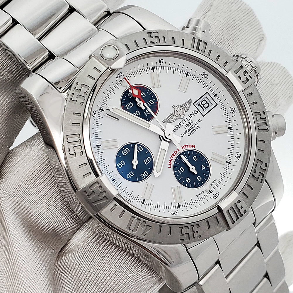 Breitling Avenger II Chronograph Limited Edition 43mm White Dial Steel Watch A13381 Box Papers