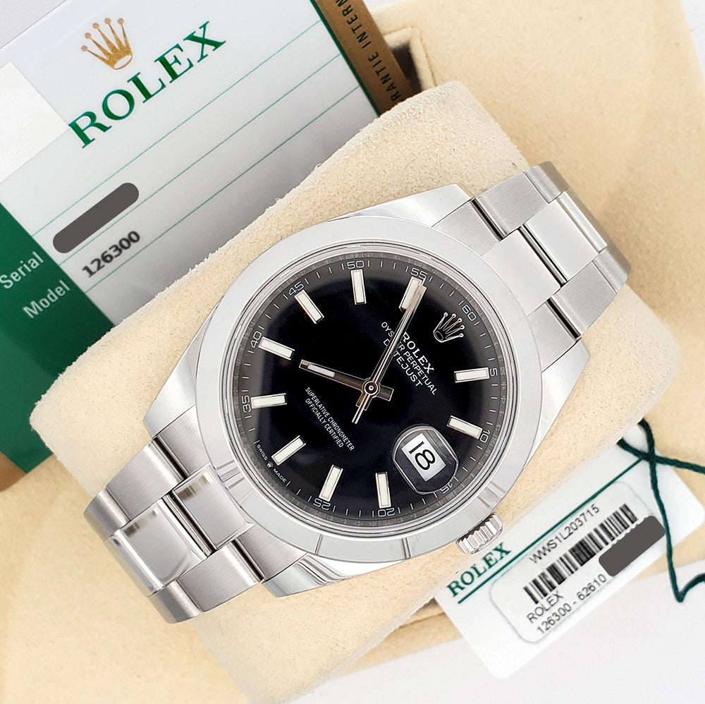 2019 Rolex Datejust 41mm Black Index Dial Steel Oyster Watch 126300 Box/Papers/Tag