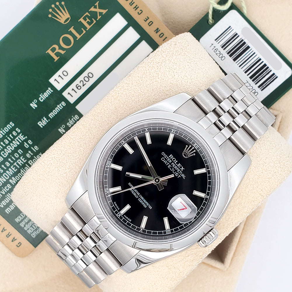Rolex Datejust 36mm Black Index Dial Steel Jubilee Watch 116200 Box Papers