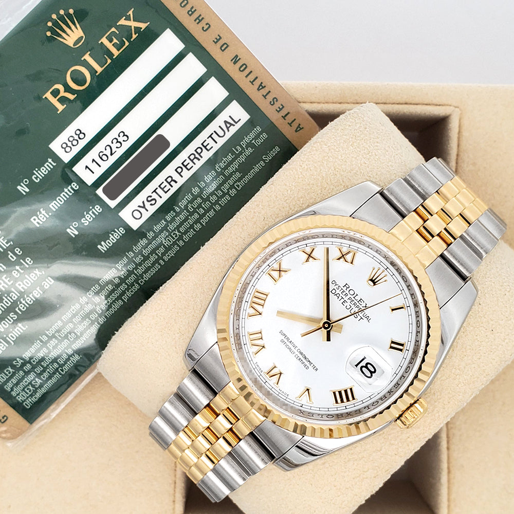 Rolex Datejust 36mm White Roman 2-Tone Yellow Gold/Steeel Jubilee Watch 116233 Box Papers