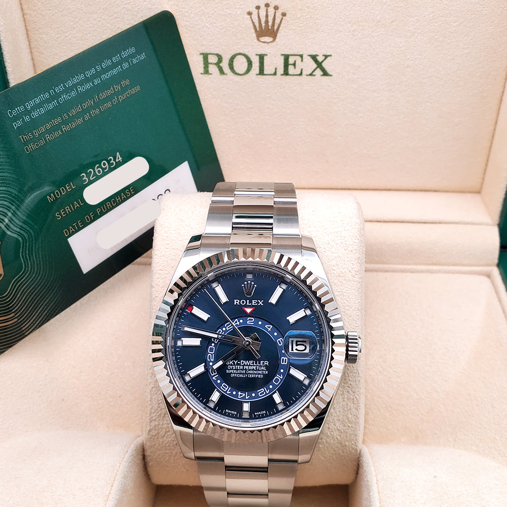 2022 Rolex Sky-Dweller White Gold Fluted Bezel Blue Index Dial Steel Oyster 42mm Watch 326934 Box Papers