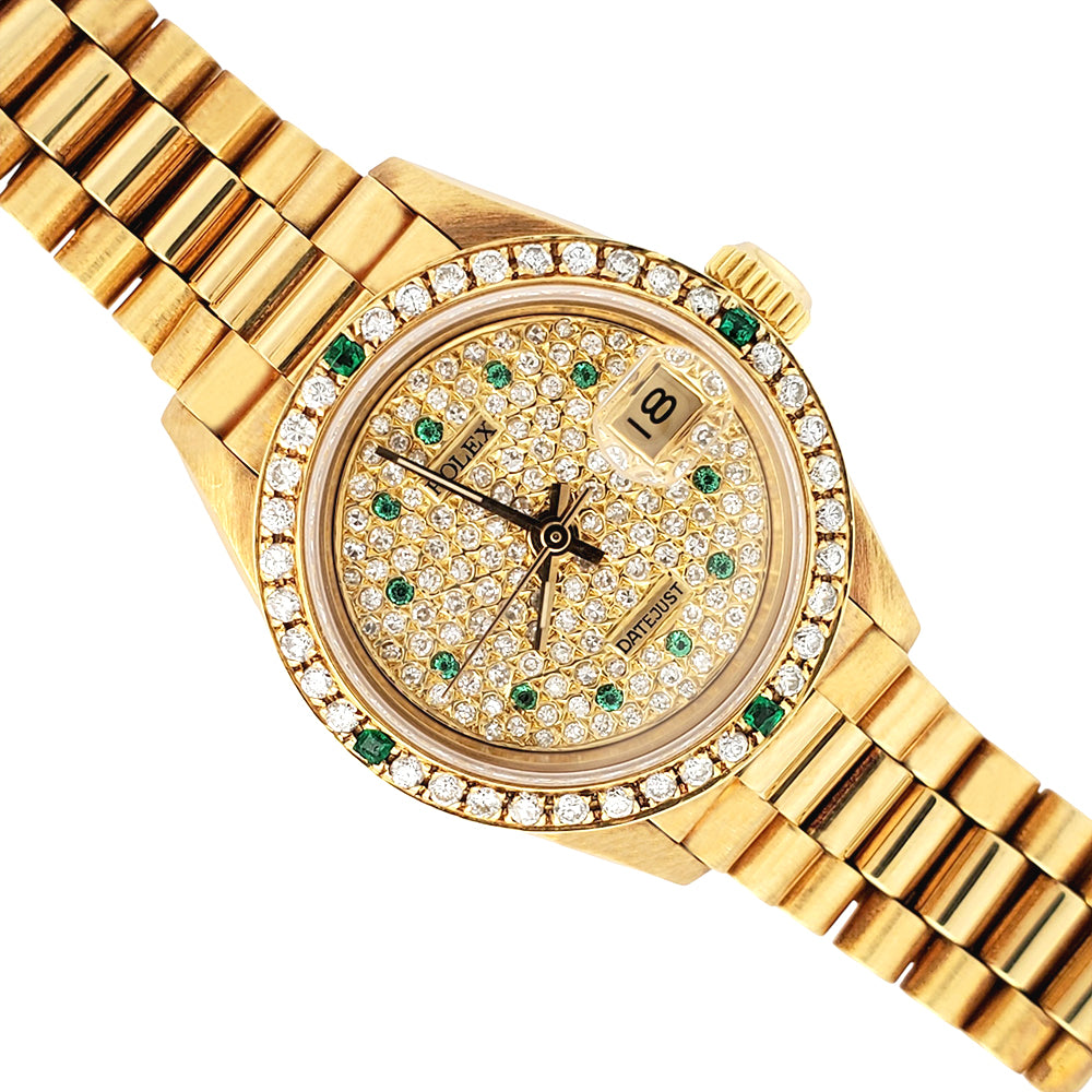 Rolex President Ladies Custom Diamond Pave Ruby Dial/Bezel Yellow Gold Watch 26mm 69178