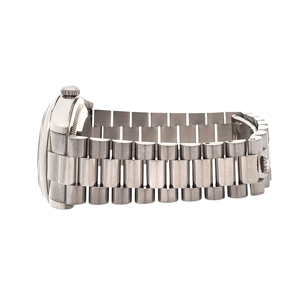 2019 Rolex President Day-Date Blue Baguettes Diamond Dial White Gold Watch 118209 Box Papers