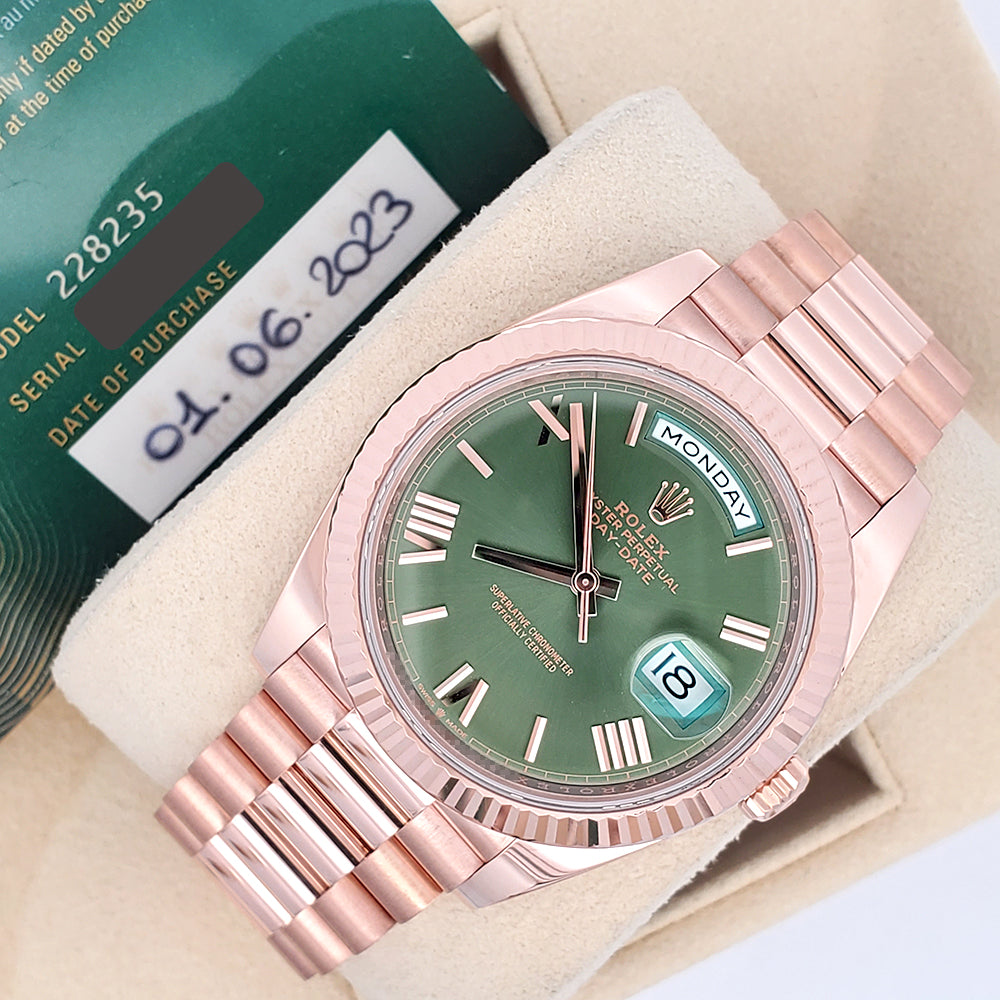 2023 Rolex Day-Date 40mm 228235 Rose Gold Olive Green Dial