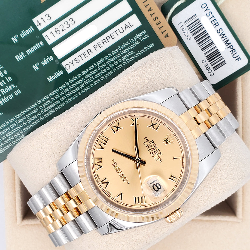 Rolex Datejust 36mm 116233 2-Tone Champagne Roman Dial Jubilee Watch Box/Papers/Tag