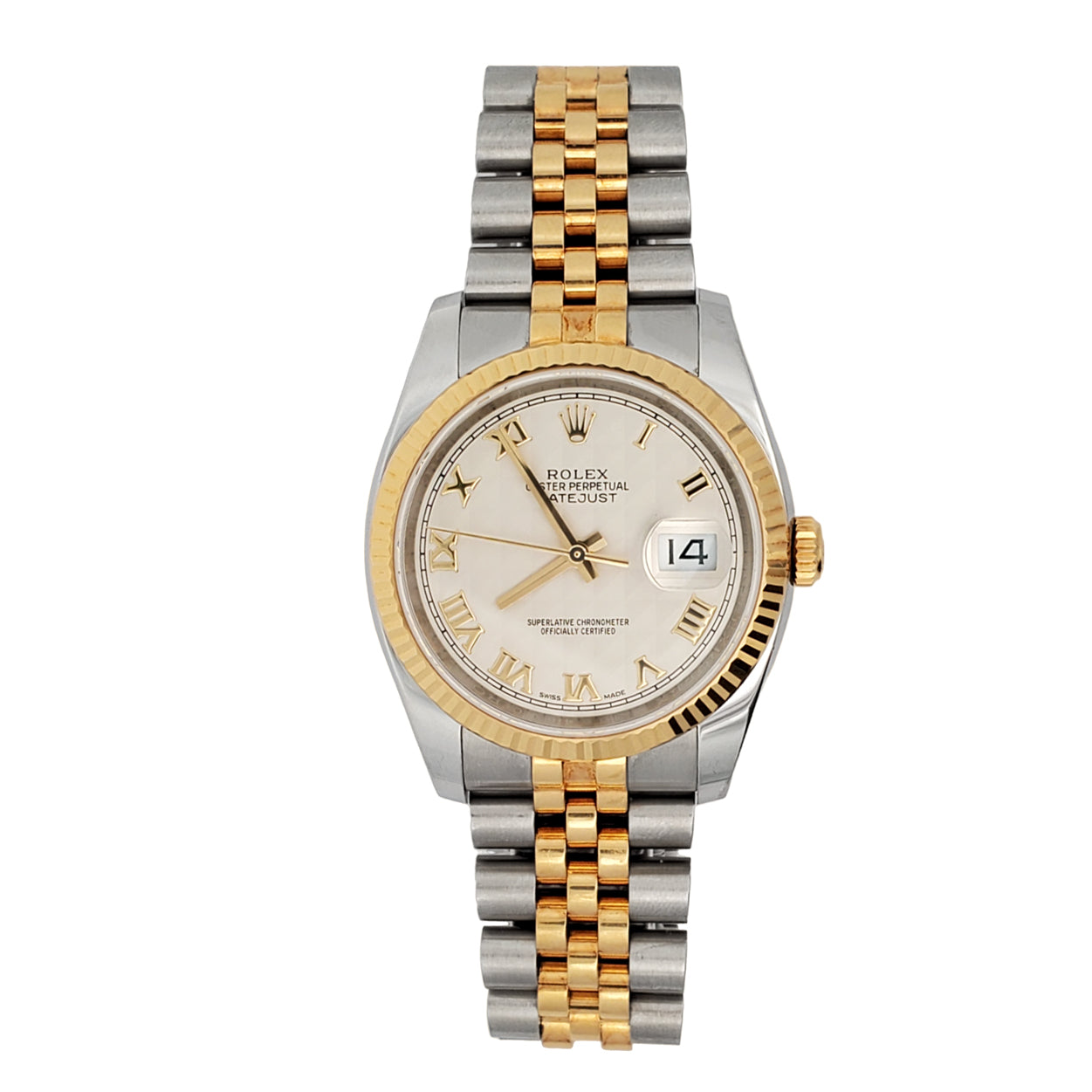 Rolex Datejust 36mm 2-Tone Yellow Gold/Steel Cream Pyramid Dial Watch 116233 Box Papers