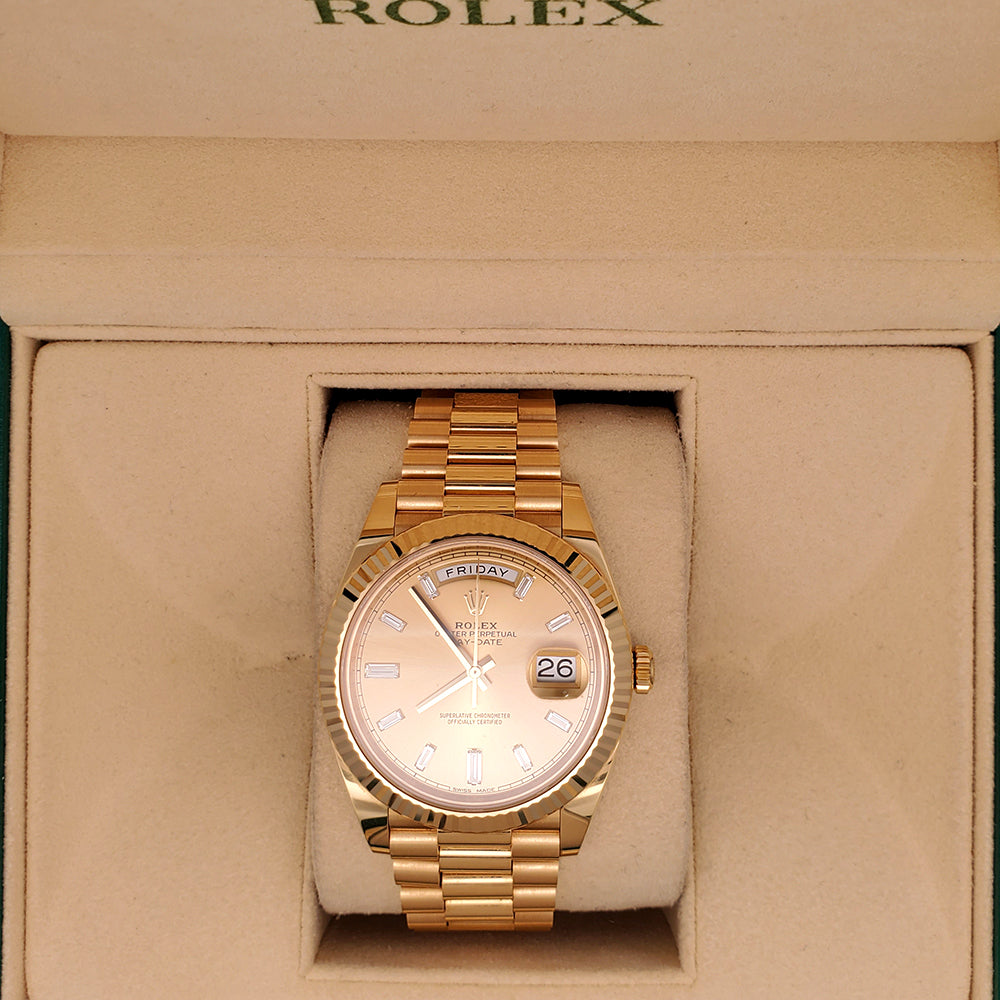Rolex Day-Date 40 President Yellow Gold Factory Champagne Baguette Diamond Dial Watch 228238 Box Papers