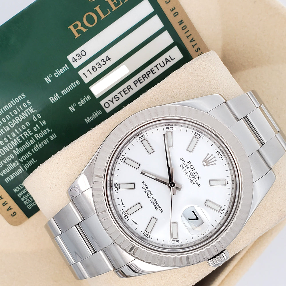 Rolex Datejust II 41mm 116334 White Index White Gold Fluted Bezel Steel Watch Box Papers