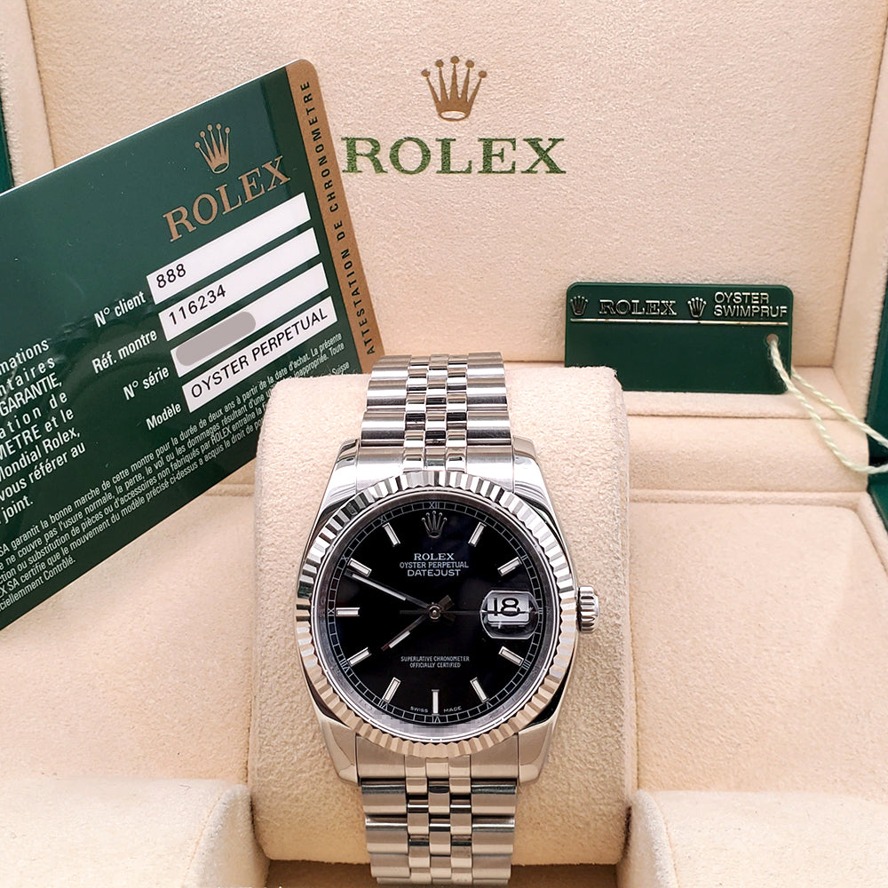 Rolex Datejust 36mm Black Index Dial White Gold Watch 116234