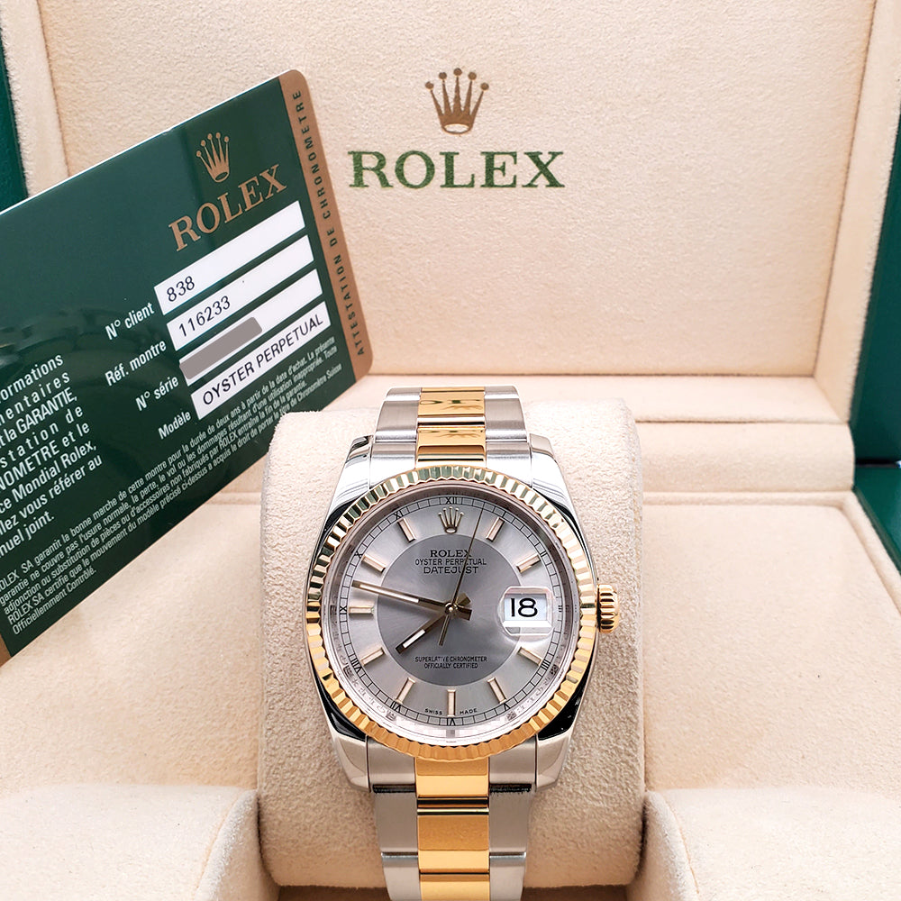 Rolex Datejust 36mm Silver Tuxedo 2-tone Yellow Gold/Steel 116233 Oyster Watch Box Papers