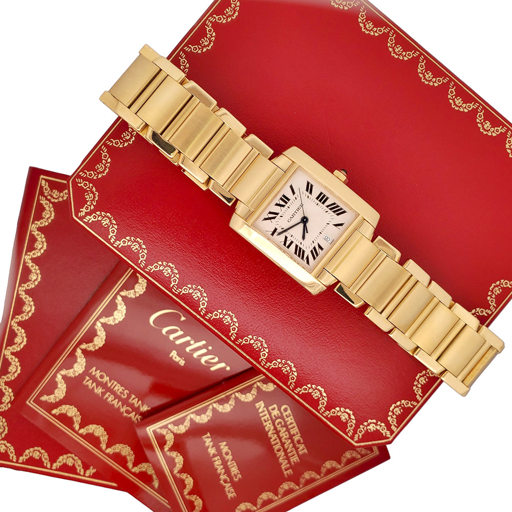 Large Cartier Tank Francaise 18k Yellow Gold Automatic 28mm Watch 1840 W50001R2 Box Papers