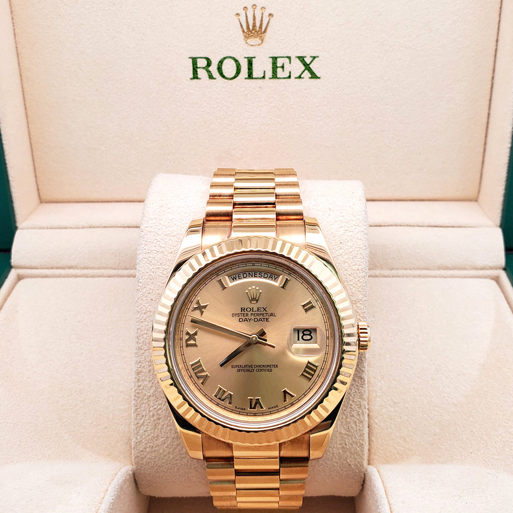 Rolex President Day-Date II 41mm Champagne Roman Yellow Gold Watch 218238