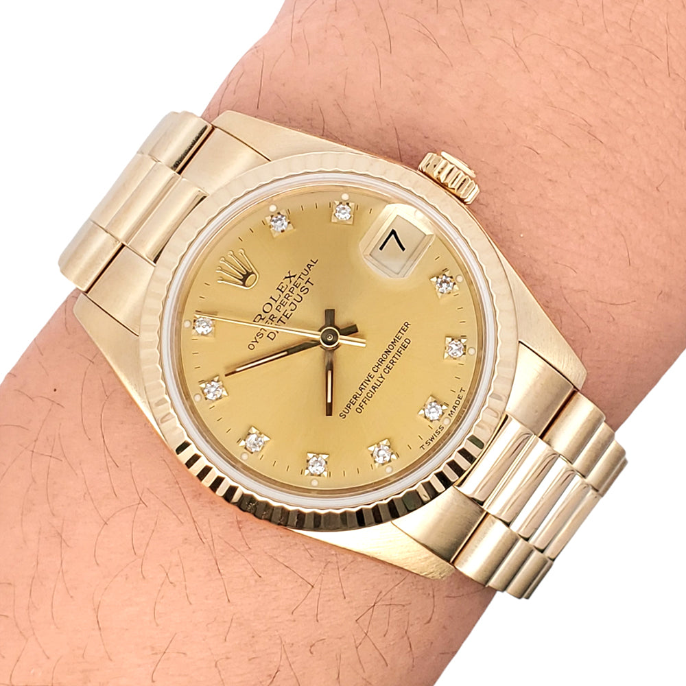 Rolex President Datejust 31mm Factory Champagne Diamond Dial Yellow Gold 68278 Watch Box Papers