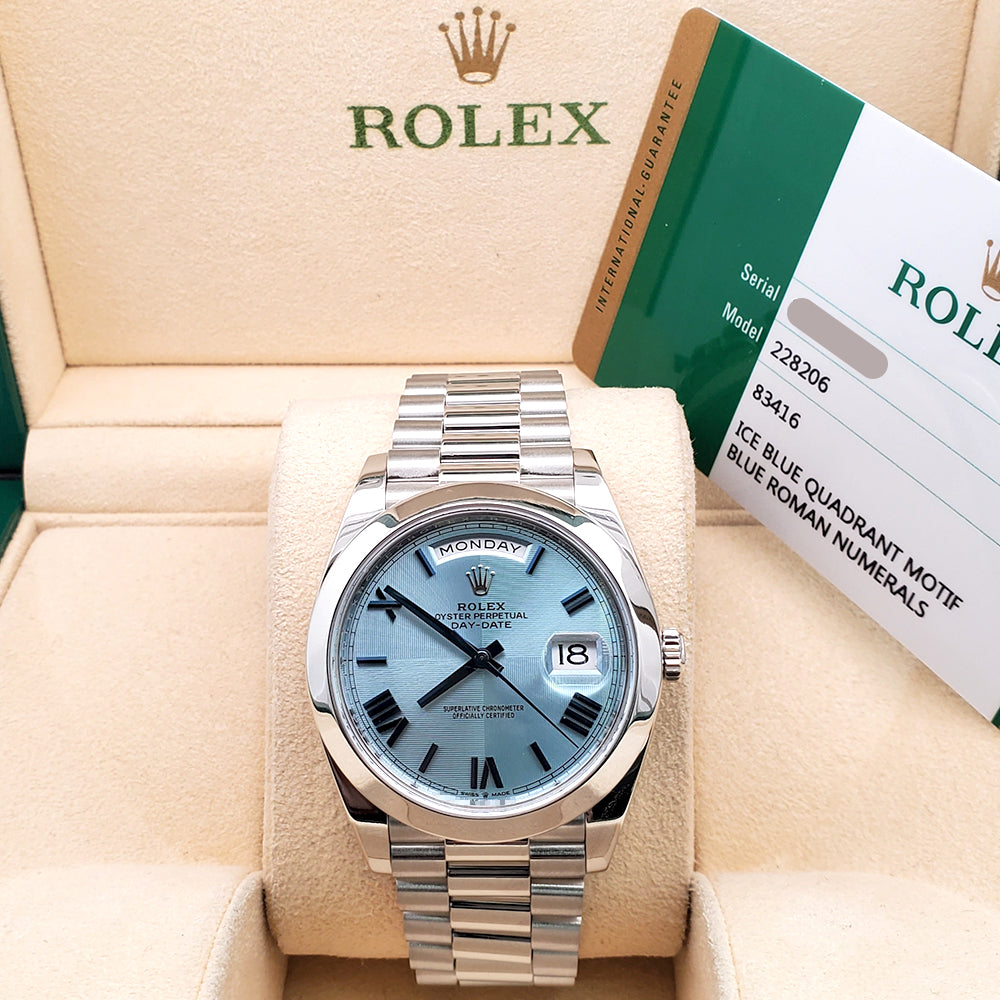 2020 Rolex President Day-Date Ice Blue Quadrant Motif Roman Dial Platinum 40mm Watch 228206 Box Papers
