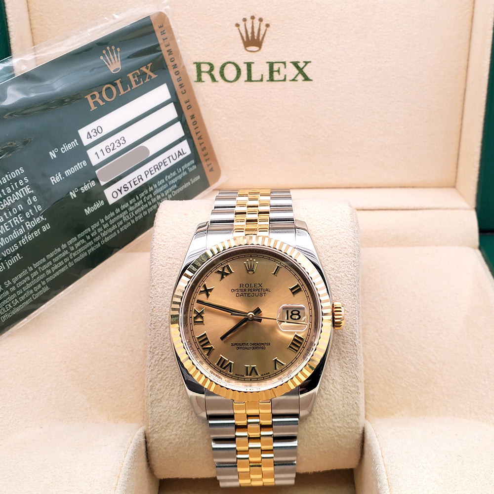 2011 Rolex Datejust 116233 2-Tone Champagne Roman Dial Jubilee 36mm Watch Box Papers